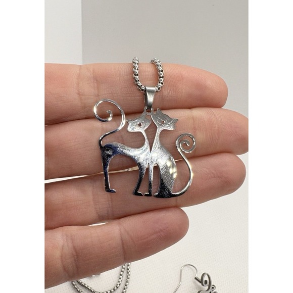 Stainless Steel Cat Necklace & Earrings Set Silver Tone 17.5" Chain Modern - Picture 7 of 9